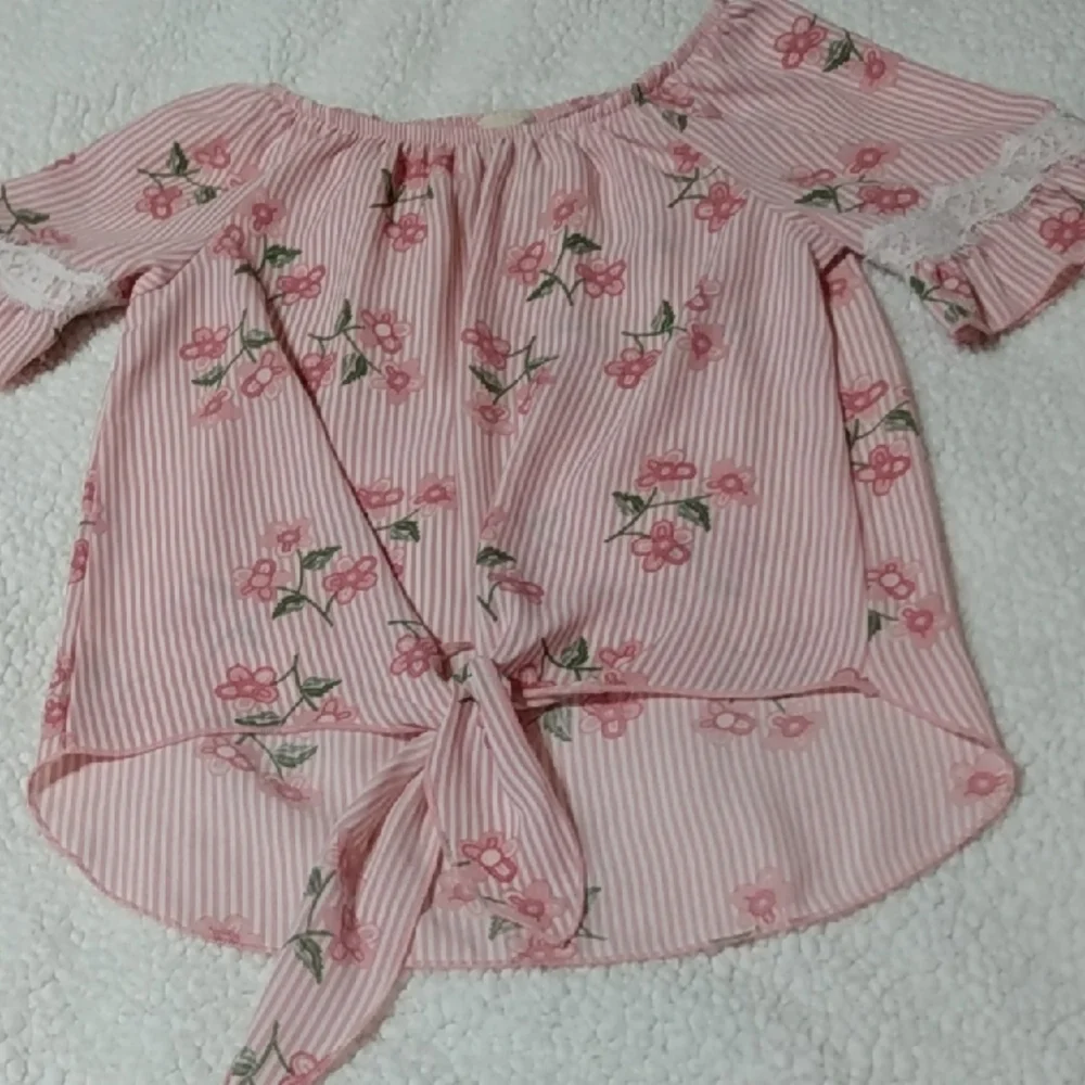 Lily Bleu Girls Pink‎ Stripe Floral Tie Front Top Size L 14
